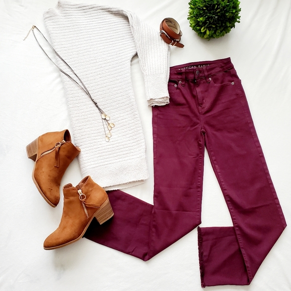 American Eagal NE(X)T LEVEL STRETCH Hi-Rise Crop Flare Burgandy Jean Pants NWOT - Picture 9 of 10